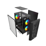 Exploded view af starter gamer PC med i5-13400F og RTX 4060 – viser komponenter og RGB-kabinet