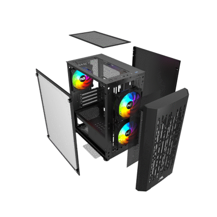 Exploded view af starter gamer PC med i5-13400F og RTX 4060 – viser komponenter og RGB-kabinet