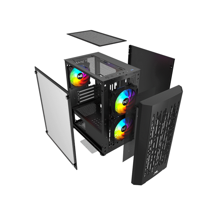 Exploded view af starter gamer PC med i5-13400F og RTX 4060 – viser komponenter og RGB-kabinet