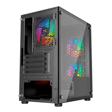 Starter gamer PC med RGB-kabinet og hærdet glas – set fra vinkel med sidepanel