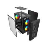 Nordic Gaming Fenris RGB kabinet – eksploderet visning med paneler, blæsere og glas adskilt