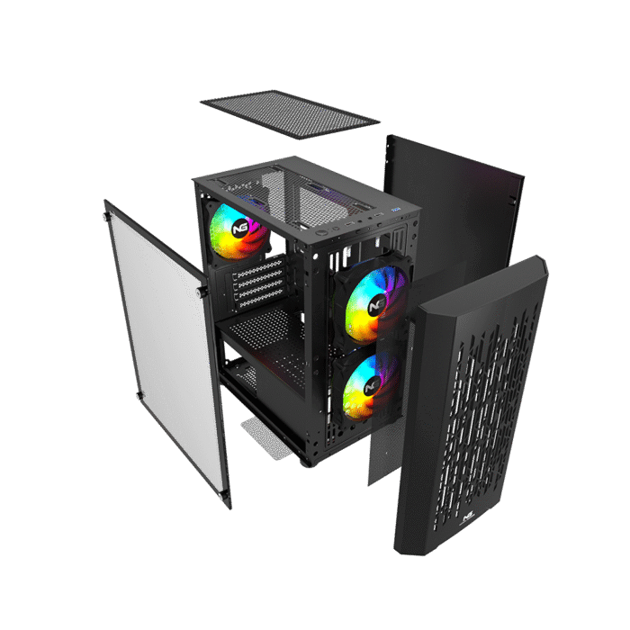 Nordic Gaming Fenris RGB kabinet – eksploderet visning med paneler, blæsere og glas adskilt