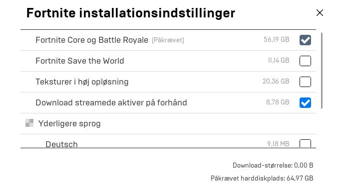 Fortnite installationsvalg i Epic Games