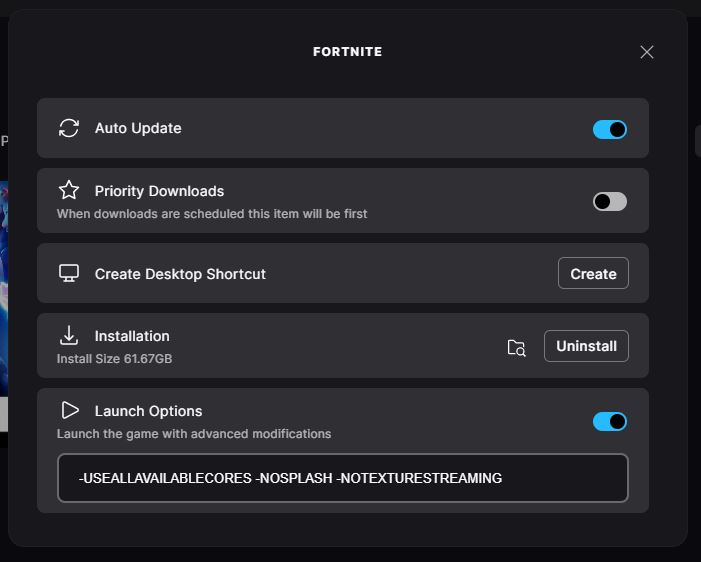 Fortnite startparametre i Epic Games