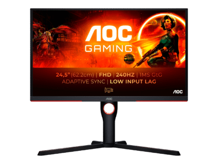 AOC 25G3ZM gaming skærm 25" med VA-panel og 240Hz – set forfra med rød-sort design