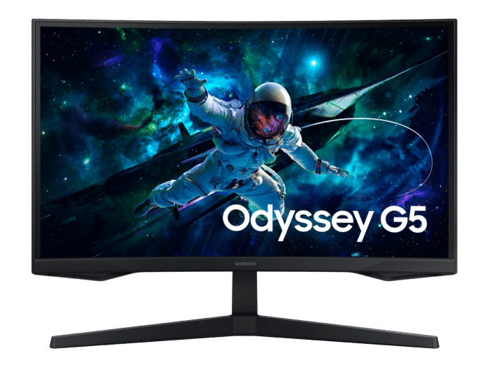 Samsung Odyssey G5 27" buet gaming skærm med QHD, HDR10 og 165Hz – forfra med fod
