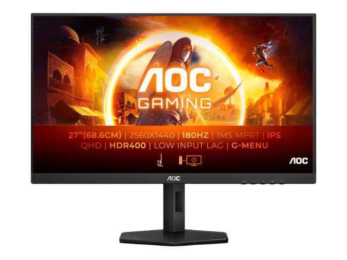 AOC Q27G4X 27" QHD gaming skærm med 180Hz og e-sport design – set forfra med stand