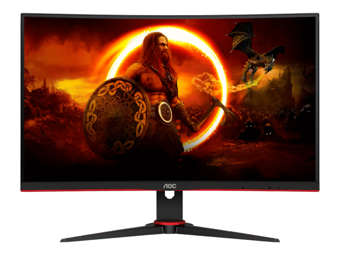 AOC C27G2ZE 27" buet Full HD gaming skærm med 240Hz og VA-panel – forfra med stander