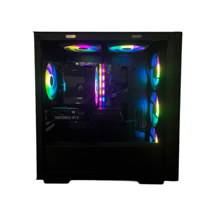 Brugt high-end gamer pc med i9 og RTX 3060 – frontvinkel med RGB-belysning fra siden
