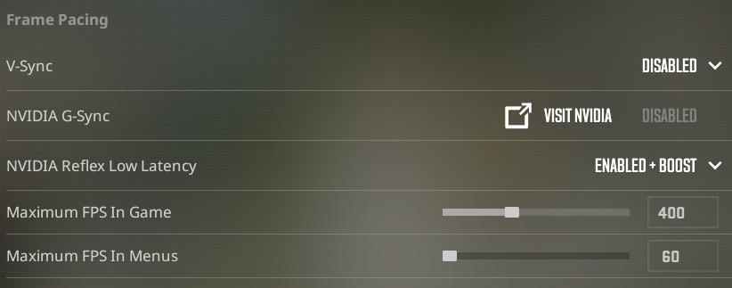 Screenshot af CS2 Advanced Video Frame Pacing med V-Sync disabled og NVIDIA Reflex enabled plus boost