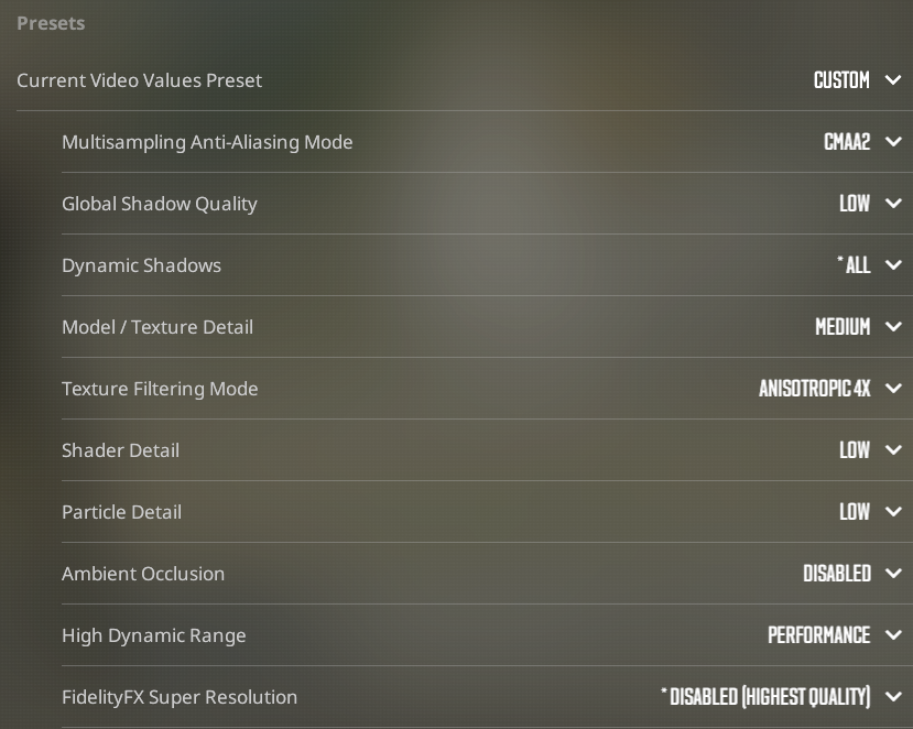Screenshot af CS2 Advanced Video Presets med CMAA2, shadows low og HDR performance